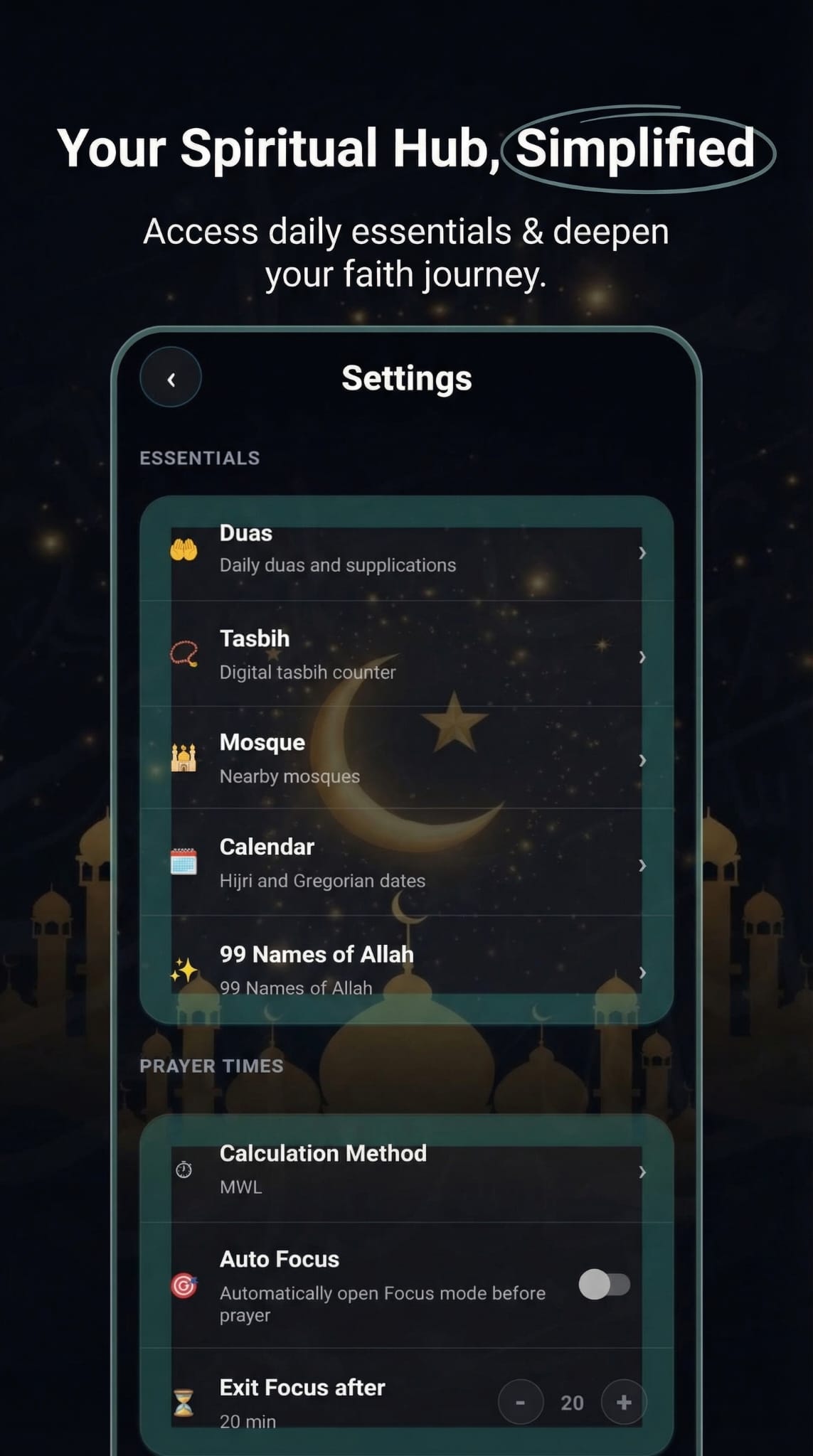 QiblaFlow settings and daily essentials screen
