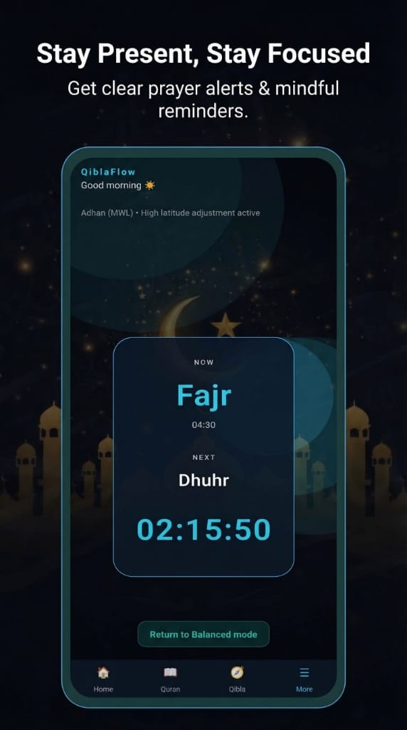 QiblaFlow focus mode prayer alert screen