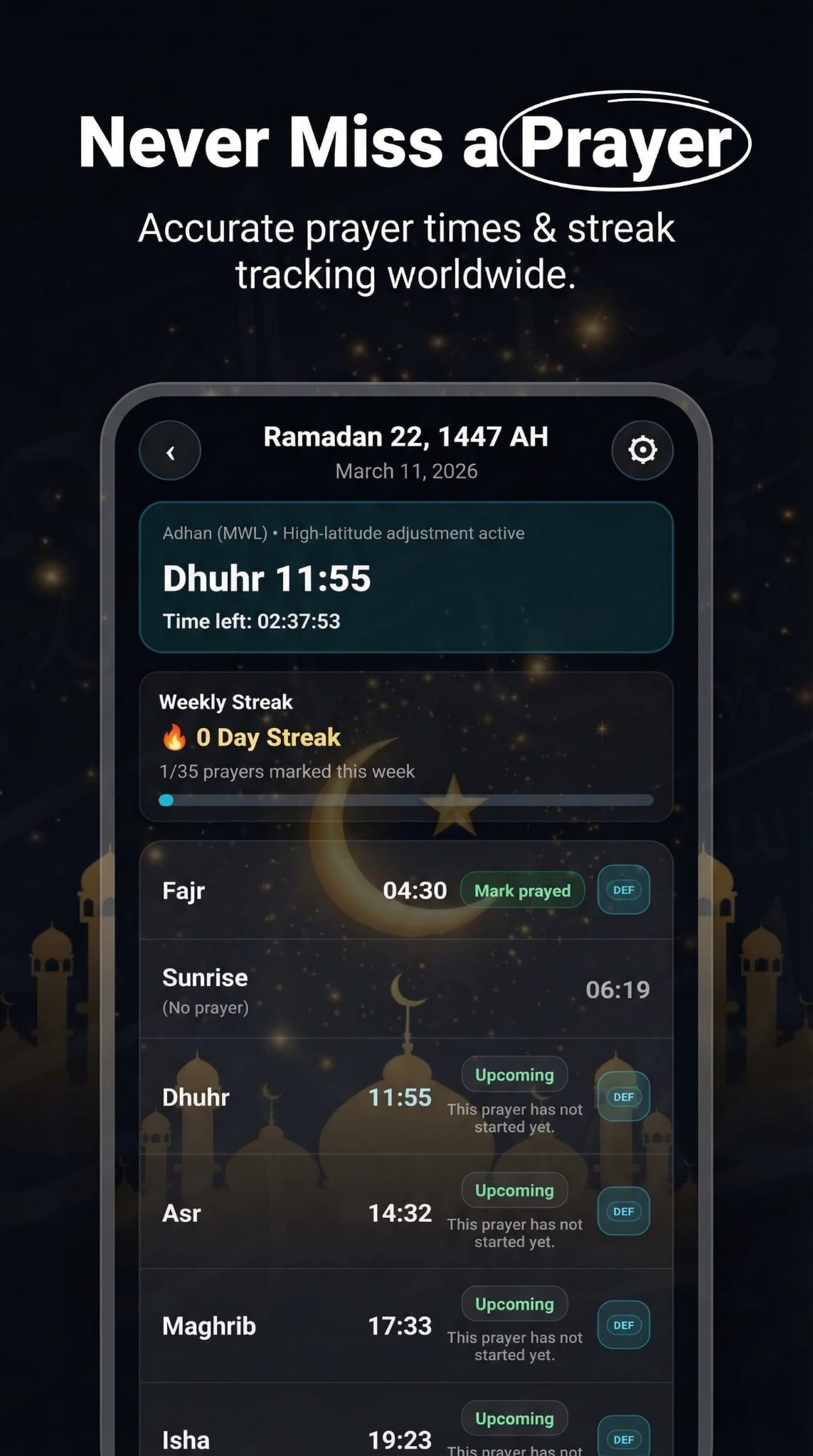 QiblaFlow prayer timeline and streak screen