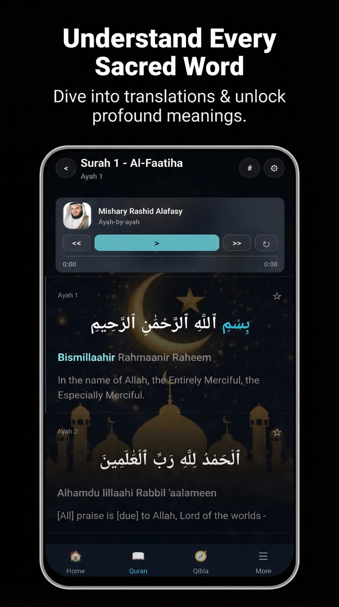 QiblaFlow Quran reader screen with Arabic and translation