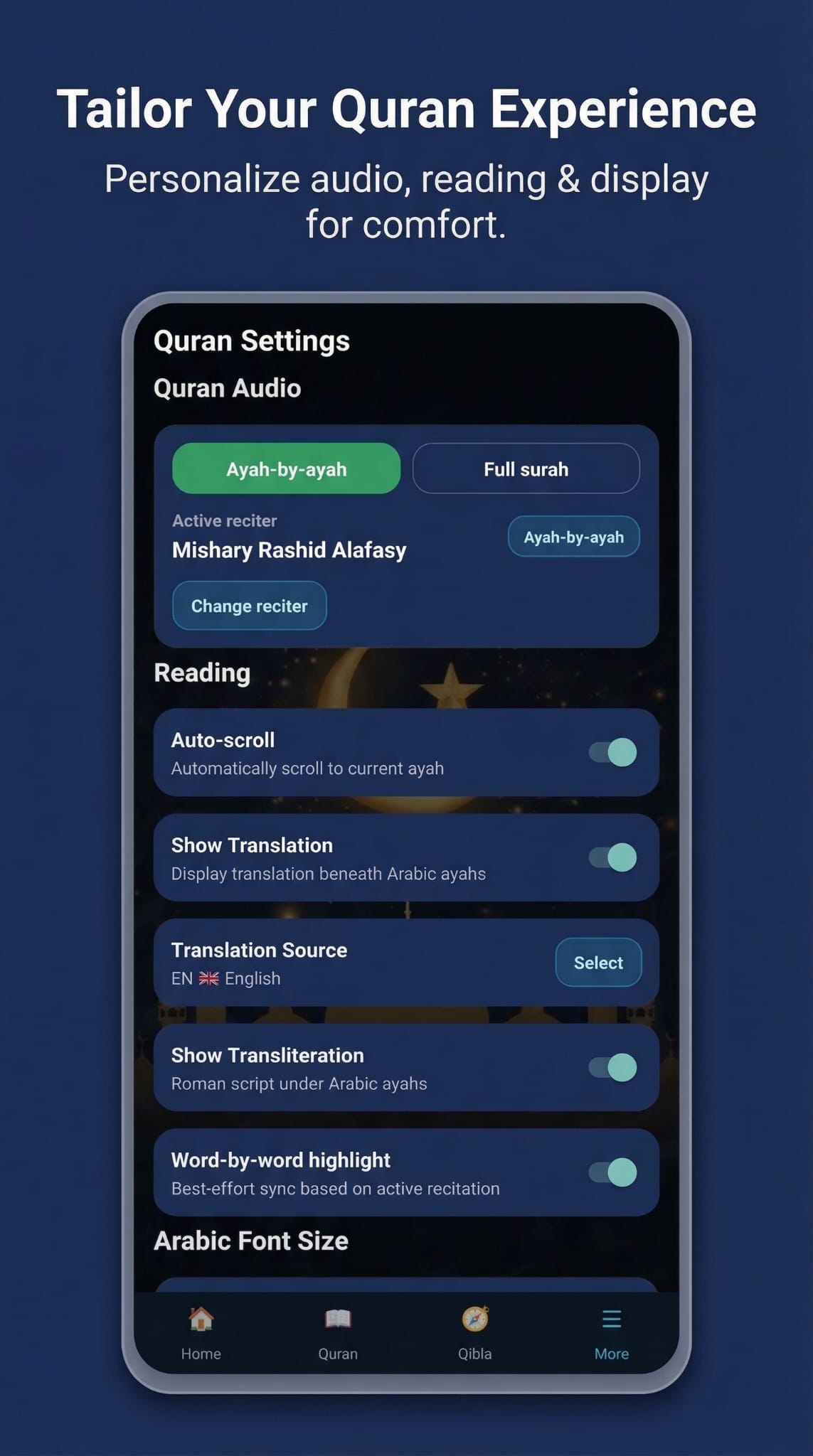 QiblaFlow Quran settings screen