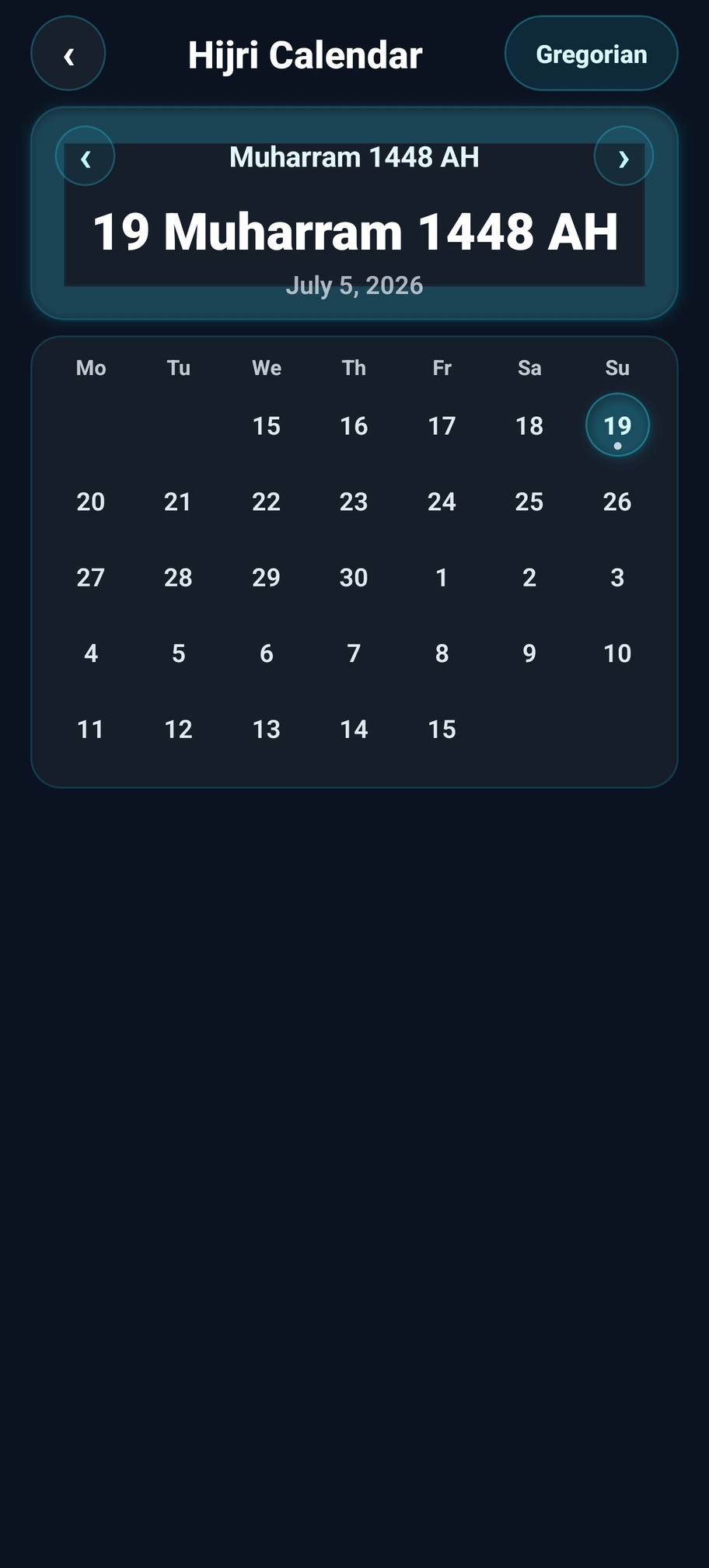 QiblaFlow Hijri and Gregorian calendar screen