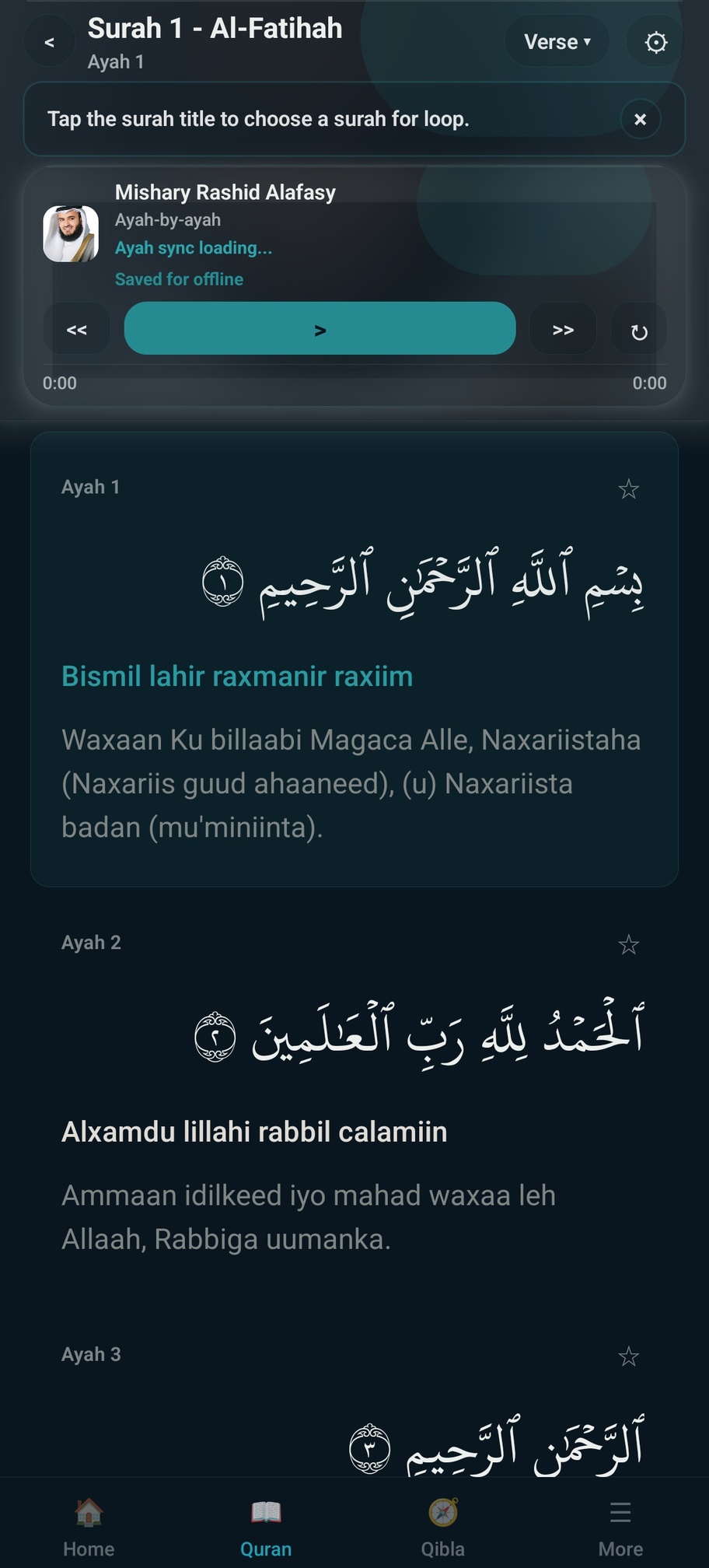 QiblaFlow Quran reading screen